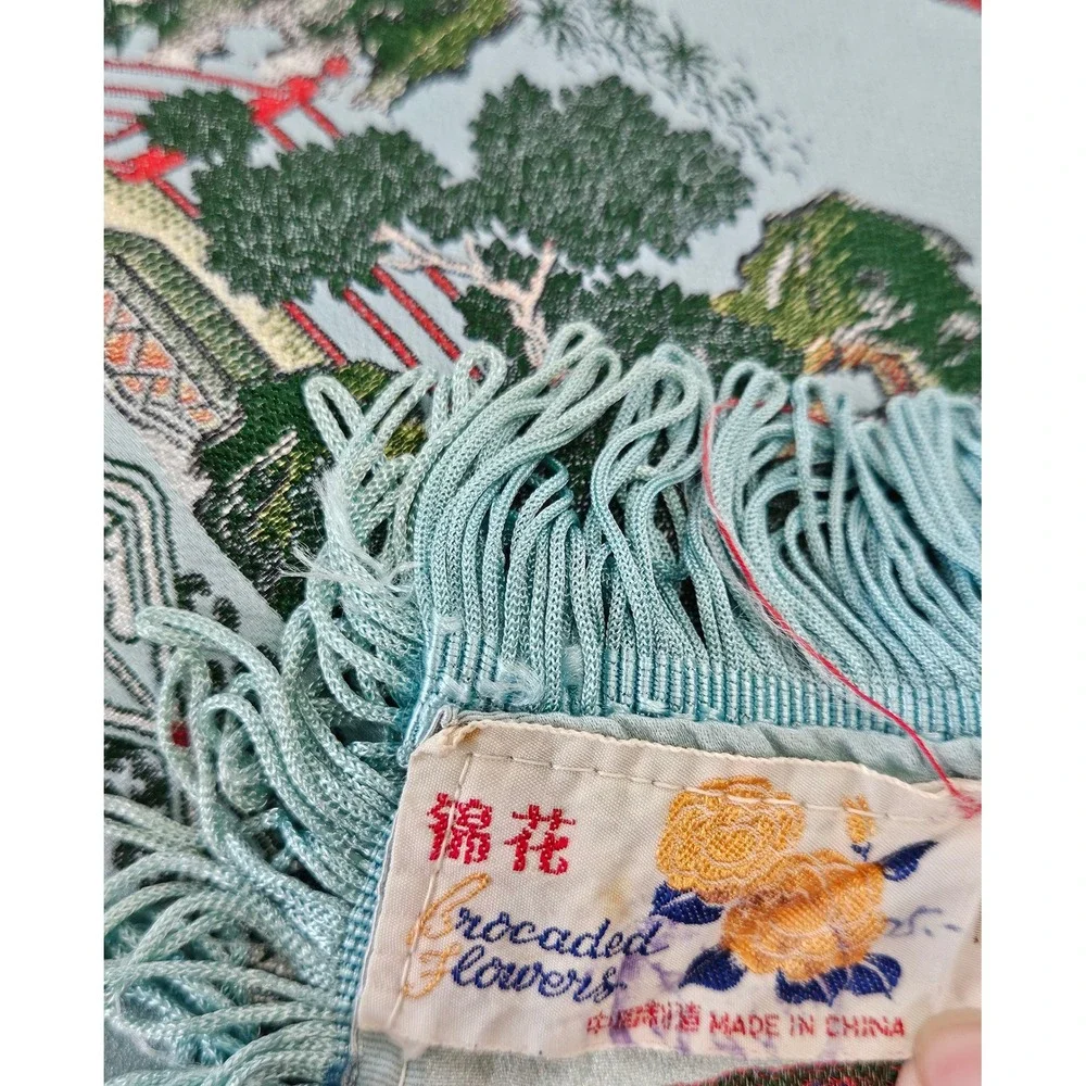RARE VTG Brocaded Scenic Silk Chinese Tapestry Tablecloth Turquoise Fringe 55x38